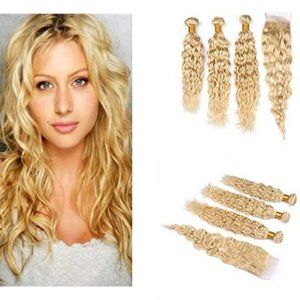 Human Hair Wavy 3 Bundles 18,20,22 +16 Closure 4x4